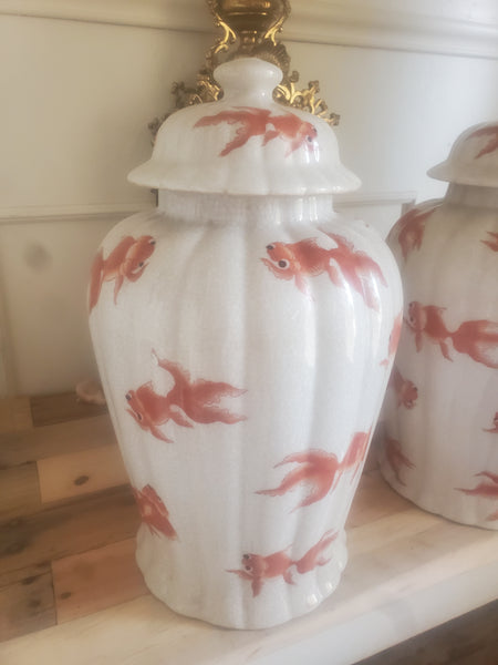 VINTAGE/ ANTIQUE CRACKLED CERAMIC KOI/ GOLDFISH GINGER JAR/ URN/ TEMPLE JAR (2) ~ MISC