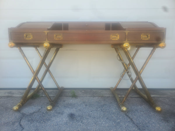 VINTAGE DREXEL OXFORD SQUARE CAMPAIGN TAMBOUR/ROLL TOP DESK ON GILDED SAWHORSE/X BASE LEGS