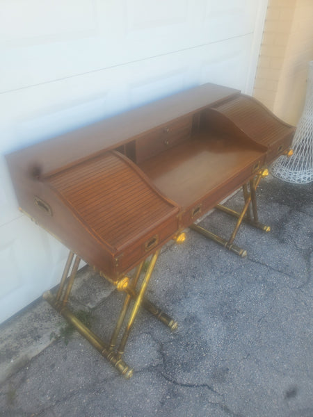 VINTAGE DREXEL OXFORD SQUARE CAMPAIGN TAMBOUR/ROLL TOP DESK ON GILDED SAWHORSE/X BASE LEGS