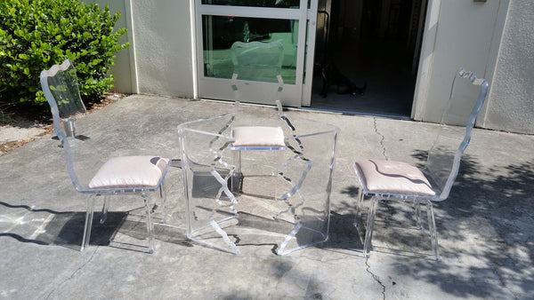 VINTAGE CHARLES HOLLIS JONES SCULPTURAL "ICICLE" DINING SET W/ DINING TABLE N 4 SCALLOPED BEVELED LUCITE DINING CHAIRS