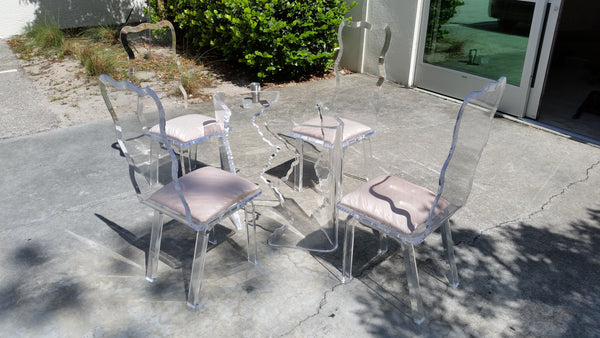 VINTAGE CHARLES HOLLIS JONES SCULPTURAL "ICICLE" DINING TABLE N 4 SCALLOPED BEVELED LUCITE CHAIRS ~ DINING SET