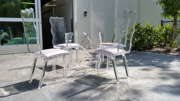 VINTAGE CHARLES HOLLIS JONES SCULPTURAL "ICICLE" DINING SET W/ DINING TABLE N 4 SCALLOPED BEVELED LUCITE DINING CHAIRS