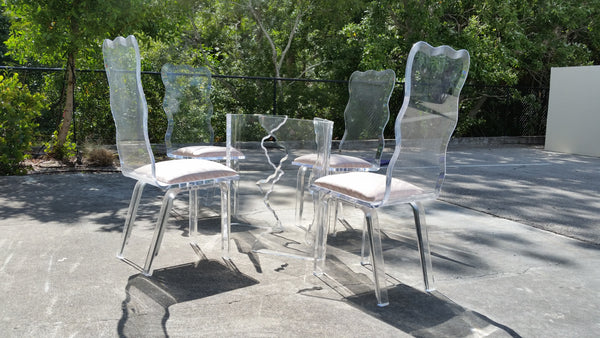 VINTAGE CHARLES HOLLIS JONES SCULPTURAL "ICICLE" DINING TABLE N 4 SCALLOPED BEVELED LUCITE CHAIRS ~ DINING SET