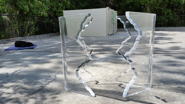 VINTAGE CHARLES HOLLIS JONES SCULPTURAL "ICICLE" DINING SET W/ DINING TABLE N 4 SCALLOPED BEVELED LUCITE DINING CHAIRS