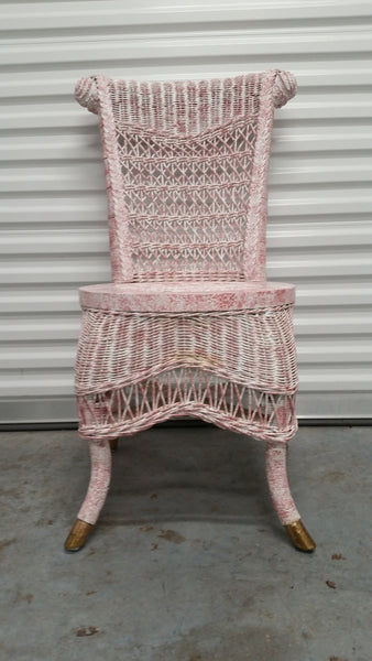VINTAGE PINK n WHITE WICKER CANE ACCENT CHAIR W/ BRASS SHOES/CUSHION
