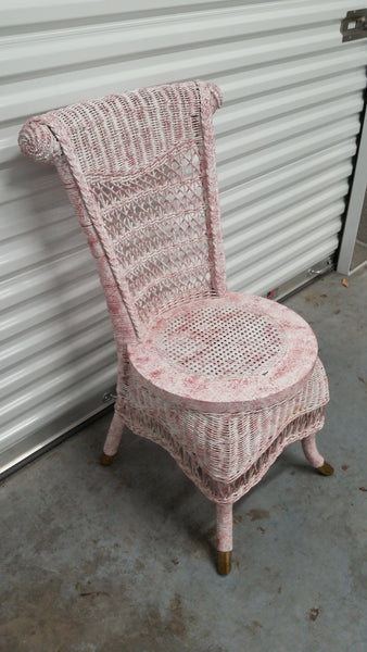 VINTAGE PINK n WHITE WICKER CANE ACCENT CHAIR W/ BRASS SHOES/CUSHION