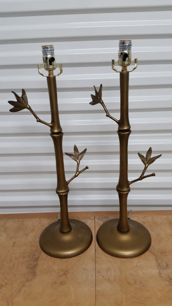 GOLD METAL FAUX BAMBOO TWIG LAMPS W/SHADES (2)