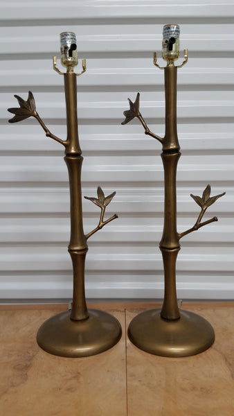 GOLD METAL FAUX BAMBOO TWIG LAMPS W/SHADES (2)