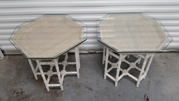 BAKER "STYLE" FAUX BAMBOO RATTAN WICKER TRAY TOP END TABLES (2)