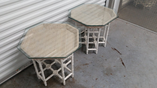BAKER "STYLE" FAUX BAMBOO RATTAN WICKER TRAY TOP END TABLES (2)