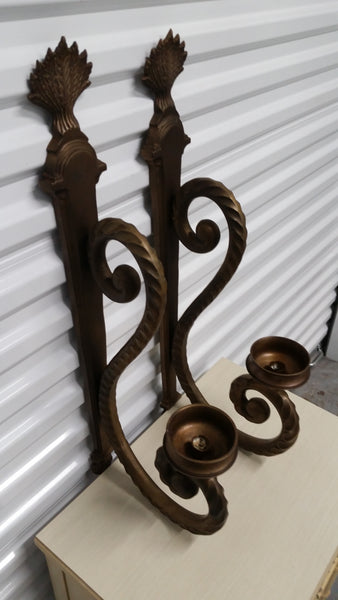 LARGE BRASS CLEF FLORAL WALL SCONCE CANDLEHOLDER (2)