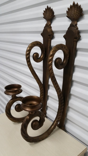 LARGE BRASS CLEF FLORAL WALL SCONCE CANDLEHOLDER (2)