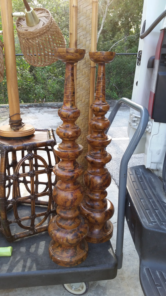 VINTAGE EXTRA LARGE WOOD TORTOISE SHELL CANDLESTICKS/ PEDESTALS (2 ...