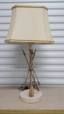 VINTAGE DIRECTOIRE BRASS AND MARBLE ARROW/TASSEL LAMP W/SHADE