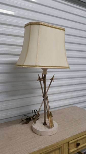 VINTAGE DIRECTOIRE BRASS AND MARBLE ARROW/TASSEL LAMP W/SHADE