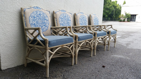 DAVID FRANCIS RATTAN UPHOLSTERED CHIPPENDALE DINING CHAIRS (4)