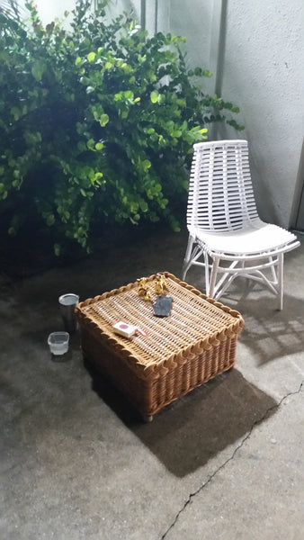 WHITE ARCHED RATTAN/ WOOD SLAT DESK/ ACCENT CHAIR