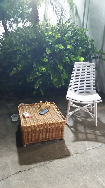 WHITE ARCHED RATTAN/ WOOD SLAT DESK/ ACCENT CHAIR