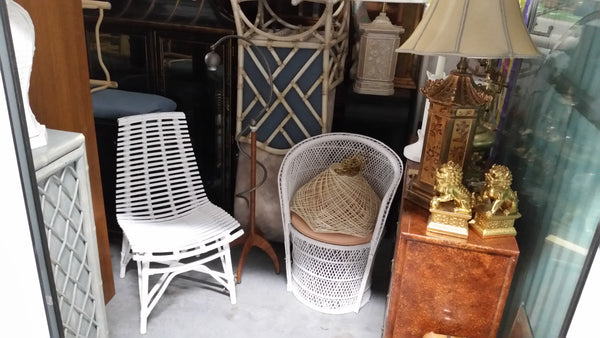 WHITE ARCHED RATTAN/ WOOD SLAT DESK/ ACCENT CHAIR