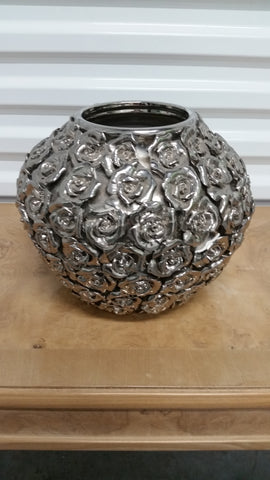 KARE LACQUERED EARTHENWARE CHROME BIG ROSE 3D BLOSSOMS PLANTER ~ MISC