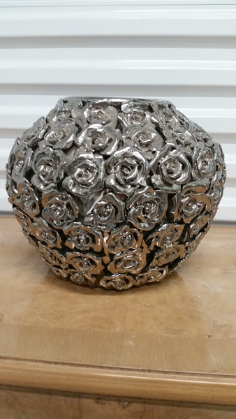 KARE LACQUERED EARTHENWARE CHROME BIG ROSE 3D BLOSSOMS PLANTER ~ MISC
