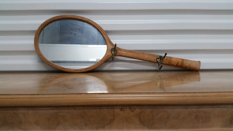 VINTAGE SPORTING HOUSE WOOD/RATTAN TENNIS RACKET MIRROR COAT/HAT RACK