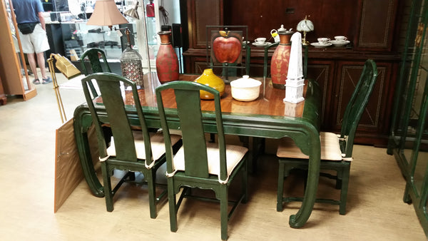 VINTAGE HENREDON FAUX MALACHITE CHINOISERIE MING WATERFALL DINING SET WITH SIX CANE DINING CHAIRS