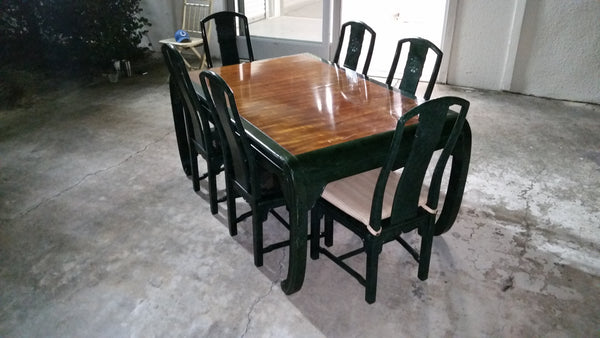 VINTAGE HENREDON FAUX MALACHITE CHINOISERIE MING WATERFALL DINING SET WITH SIX CANE DINING CHAIRS