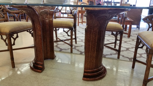VINTAGE CASA BIQUE TORTOISE SHELL WOOD DINING TABLE PEDESTALS/COLUMNS (2) W/BEVELED OVAL GLASS TOP
