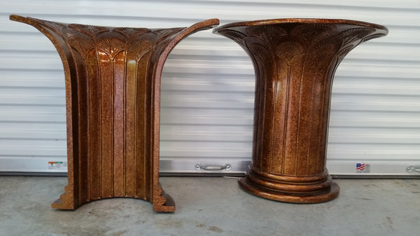 VINTAGE CASA BIQUE TORTOISE SHELL WOOD DINING TABLE PEDESTALS/COLUMNS (2) W/BEVELED OVAL GLASS TOP