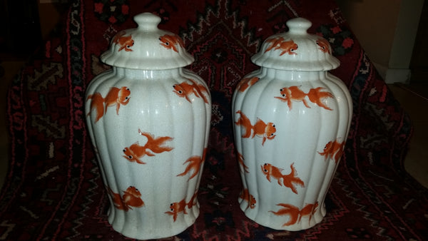 VINTAGE/ ANTIQUE CRACKLED CERAMIC KOI/ GOLDFISH GINGER JAR/ URN/ TEMPLE JAR (2) ~ MISC