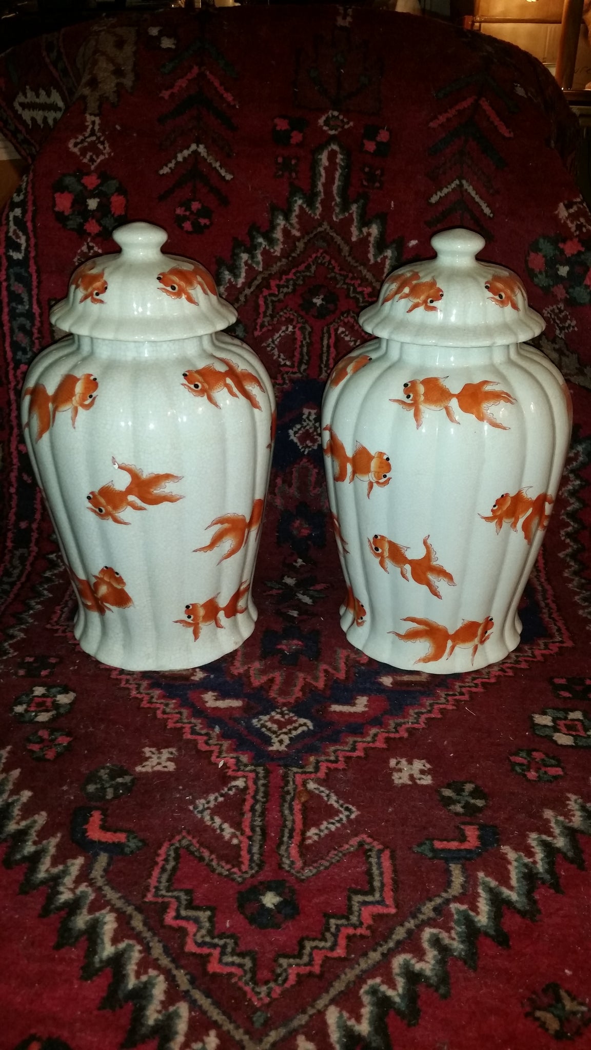 VINTAGE/ ANTIQUE CRACKLED CERAMIC KOI/ GOLDFISH GINGER JAR/ URN/ TEMPLE JAR (2) ~ MISC