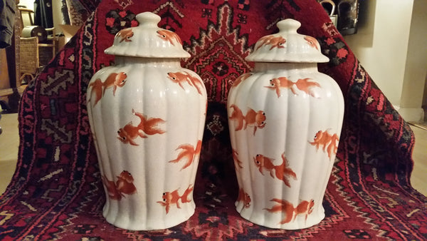 VINTAGE/ ANTIQUE CRACKLED CERAMIC KOI/ GOLDFISH GINGER JAR/ URN/ TEMPLE JAR (2) ~ MISC