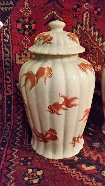 VINTAGE/ ANTIQUE CRACKLED CERAMIC KOI/ GOLDFISH GINGER JAR/ URN/ TEMPLE JAR (2) ~ MISC