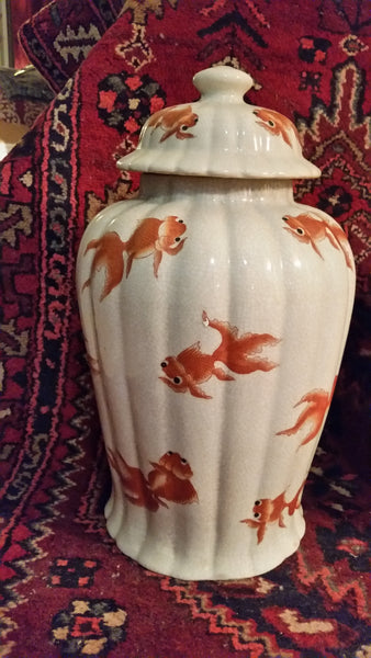 VINTAGE/ ANTIQUE CRACKLED CERAMIC KOI/ GOLDFISH GINGER JAR/ URN/ TEMPLE JAR (2) ~ MISC