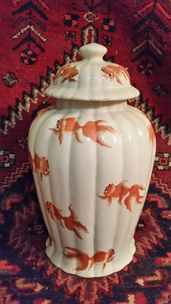 VINTAGE/ ANTIQUE CRACKLED CERAMIC KOI/ GOLDFISH GINGER JAR/ URN/ TEMPLE JAR (2) ~ MISC