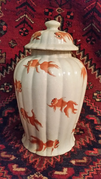 VINTAGE/ ANTIQUE CRACKLED CERAMIC KOI/ GOLDFISH GINGER JAR/ URN/ TEMPLE JAR (2) ~ MISC