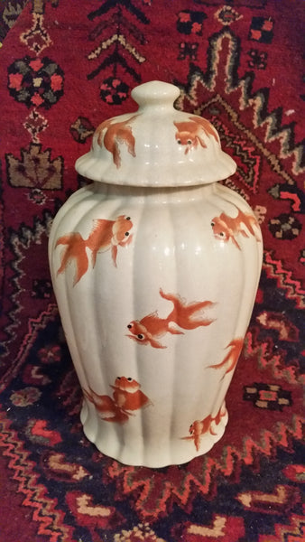 VINTAGE/ ANTIQUE CRACKLED CERAMIC KOI/ GOLDFISH GINGER JAR/ URN/ TEMPLE JAR (2) ~ MISC