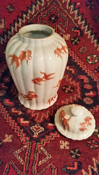 VINTAGE/ ANTIQUE CRACKLED CERAMIC KOI/ GOLDFISH GINGER JAR/ URN/ TEMPLE JAR (2) ~ MISC