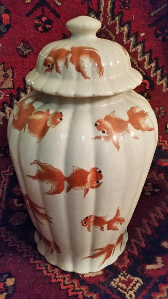 VINTAGE/ ANTIQUE CRACKLED CERAMIC KOI/ GOLDFISH GINGER JAR/ URN/ TEMPLE JAR (2) ~ MISC