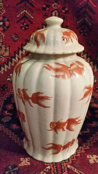 VINTAGE/ ANTIQUE CRACKLED CERAMIC KOI/ GOLDFISH GINGER JAR/ URN/ TEMPLE JAR (2) ~ MISC