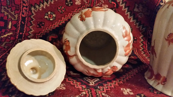 VINTAGE/ ANTIQUE CRACKLED CERAMIC KOI/ GOLDFISH GINGER JAR/ URN/ TEMPLE JAR (2) ~ MISC