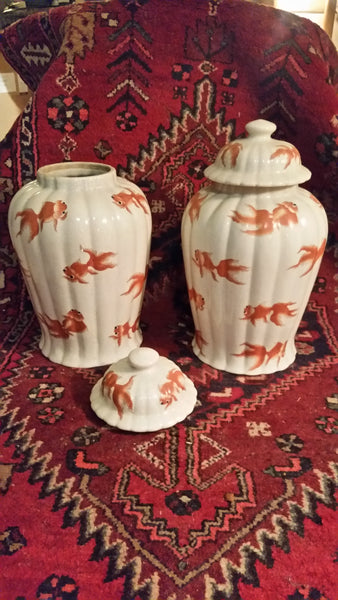 VINTAGE/ ANTIQUE CRACKLED CERAMIC KOI/ GOLDFISH GINGER JAR/ URN/ TEMPLE JAR (2) ~ MISC