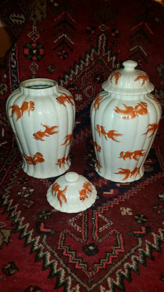 VINTAGE/ ANTIQUE CRACKLED CERAMIC KOI/ GOLDFISH GINGER JAR/ URN/ TEMPLE JAR (2) ~ MISC