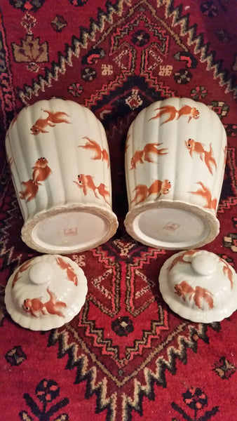 VINTAGE/ ANTIQUE CRACKLED CERAMIC KOI/ GOLDFISH GINGER JAR/ URN/ TEMPLE JAR (2) ~ MISC