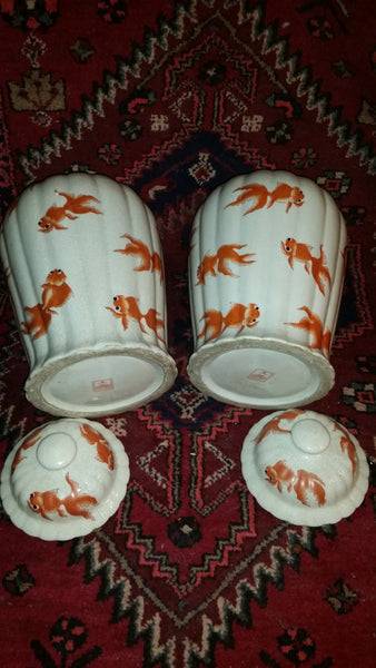 VINTAGE/ ANTIQUE CRACKLED CERAMIC KOI/ GOLDFISH GINGER JAR/ URN/ TEMPLE JAR (2) ~ MISC