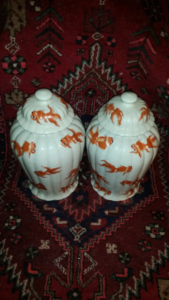 VINTAGE/ ANTIQUE CRACKLED CERAMIC KOI/ GOLDFISH GINGER JAR/ URN/ TEMPLE JAR (2) ~ MISC