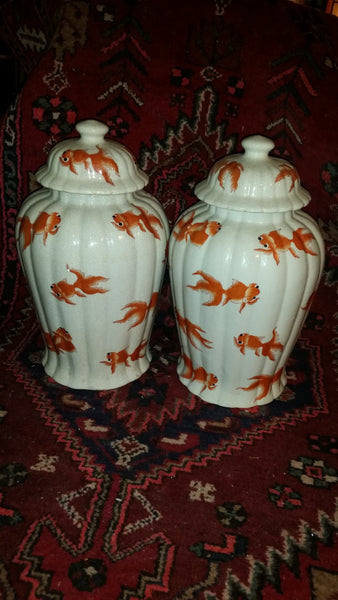 VINTAGE/ ANTIQUE CRACKLED CERAMIC KOI/ GOLDFISH GINGER JAR/ URN/ TEMPLE JAR (2) ~ MISC