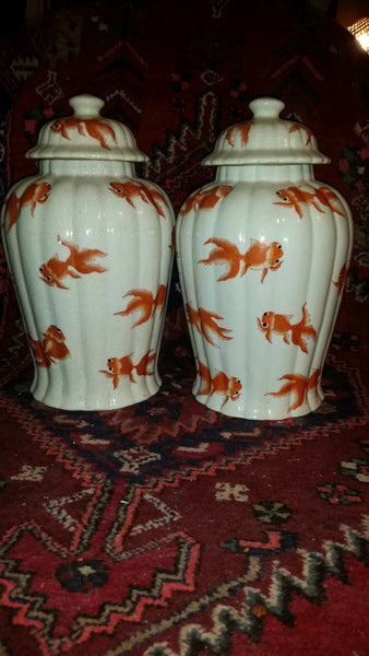 VINTAGE/ ANTIQUE CRACKLED CERAMIC KOI/ GOLDFISH GINGER JAR/ URN/ TEMPLE JAR (2) ~ MISC