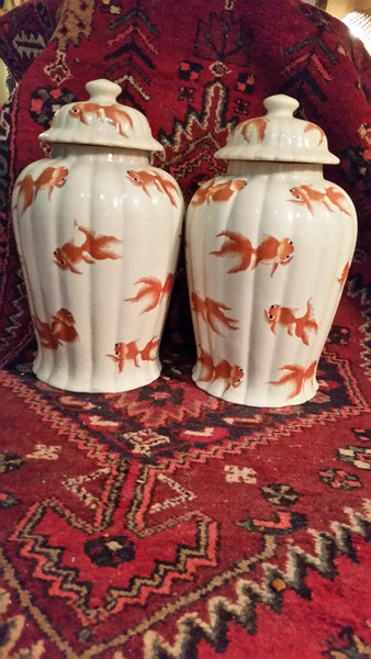 VINTAGE/ ANTIQUE CRACKLED CERAMIC KOI/ GOLDFISH GINGER JAR/ URN/ TEMPLE JAR (2) ~ MISC